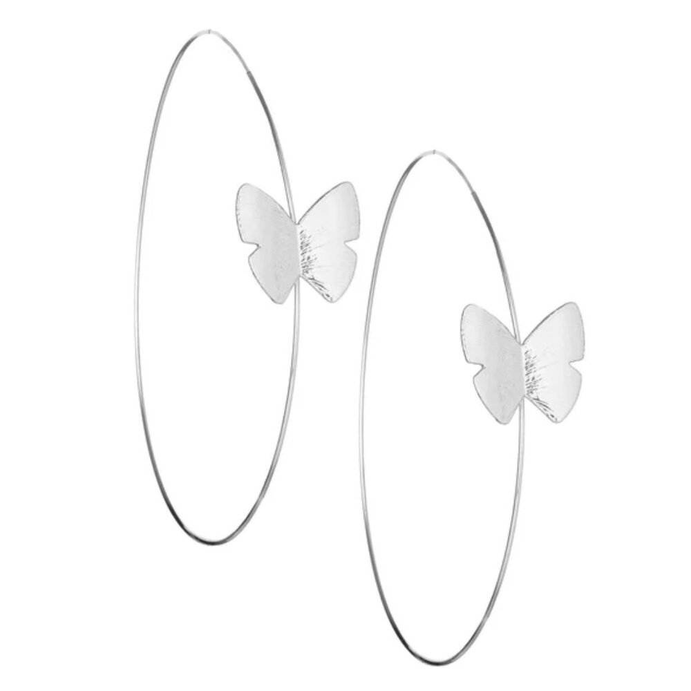 White Gold Butterfly Hoop Earrings, BX Glow Silver Trendy Hoops Earrings